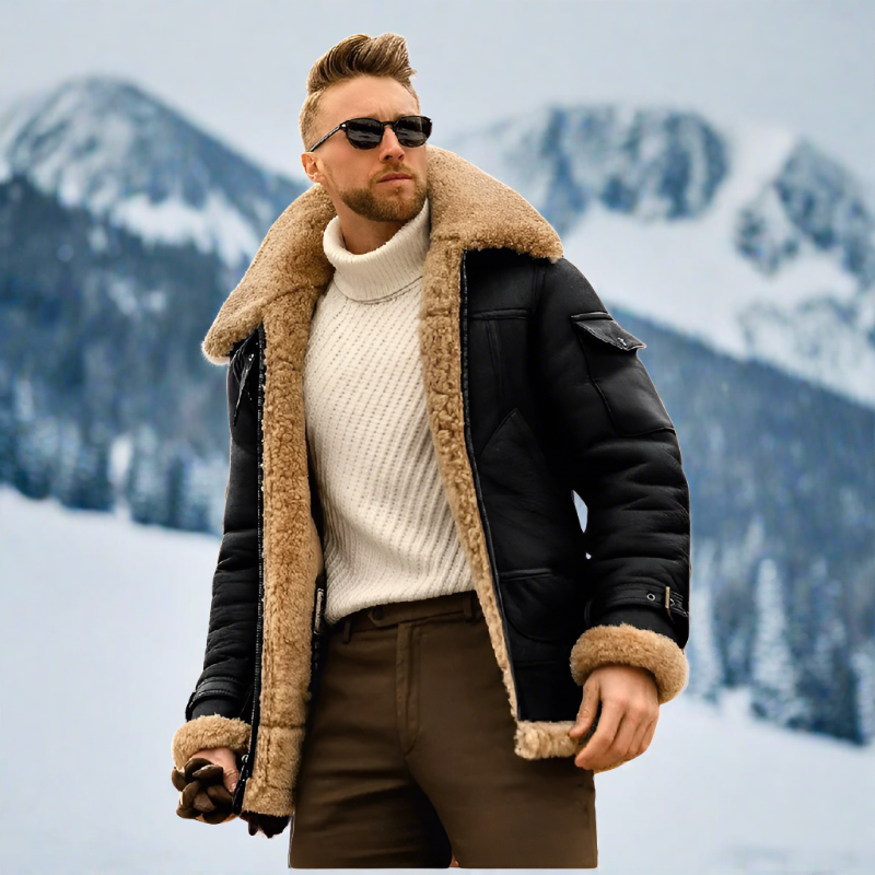 Schwarz Lederjacke mit Fell für Herren