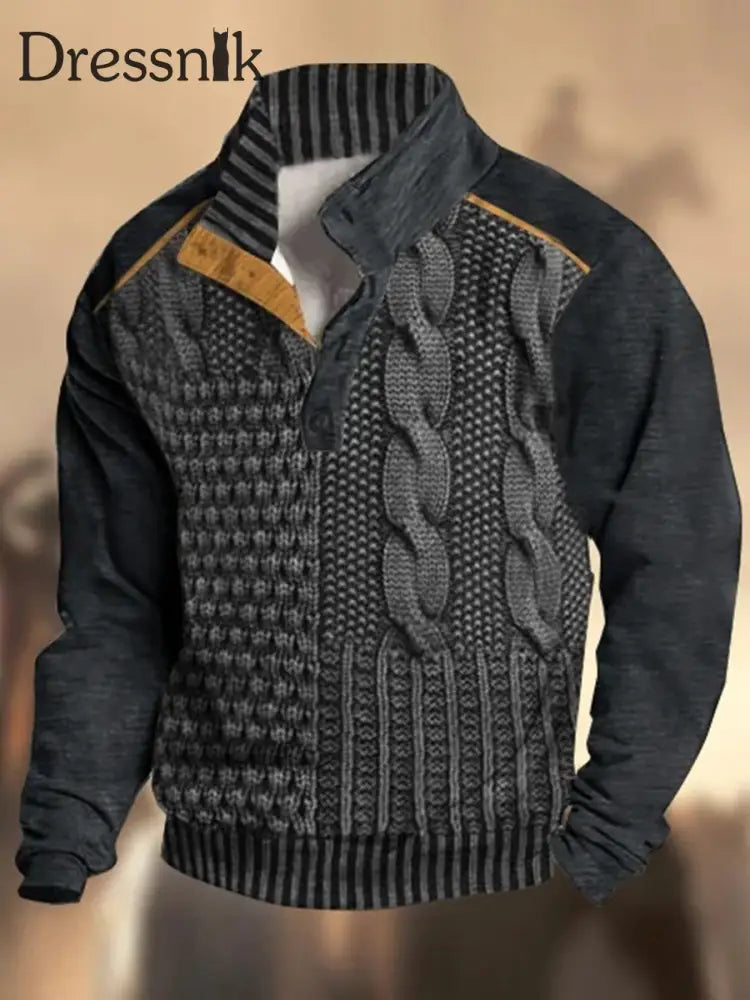 Retro Textur Muster Bedruckt Western Vintage Henry Button V-Ausschnitt Outdoor Dickes Sweatshirt B