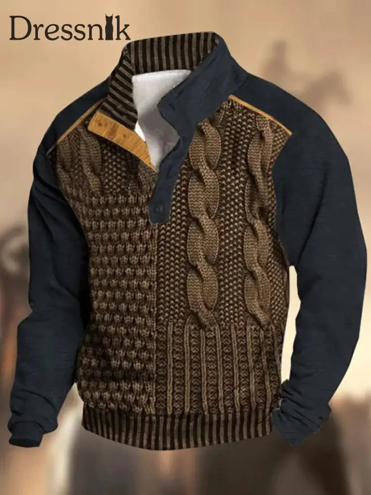 Retro Textur Muster Bedruckt Western Vintage Henry Button V-Ausschnitt Outdoor Dickes Sweatshirt C